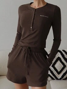 DAZY Women Letter Print Decorated Half Button Fitted Top And Shorts, Casual Sleepwear Lounge Set, Cozy Outfits, Fall Winter Clothes Pajama - Coffee Brown - View 1