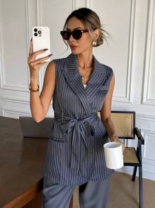 SHEIN Frenchy Women Striped Lapel Sleeveless Casual Blazer