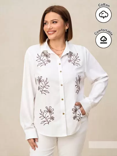 SHEIN Clasi 大码前扣长袖口袋花卉刺绣休闲衬衫