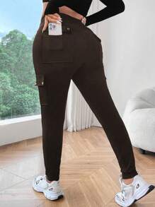 Flirla Pantalones cargo de talla grande unicolor con cintura alta y bolsillo con solapa