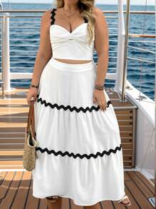 SHEIN VCAY Plus Size Black Wave Trim Twist Front Crop Top And Matching Black Wave Trim Loose A-Line Skirt, 2 Pieces Romantic Beach Outfit, Suitable For Valentine's Day, Western, Festival, Boho, Hippie, Cowgirl, Bohemian, Old Money, Summer, Beach, St. Patrick's Day