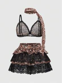 ROMWE Grunge Punk Plus Size Y2K Wild Gothic Punk Leopard Lace Triangle Bra, Thong, Ruffled Mini Skirt 3pcs Sexy Lingerie Set - Multicolor - View 2