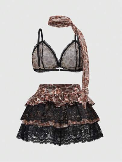 Grunge Punk Conjunto de lencería sexy de 3 piezas talla grande Y2K estilo gótico punk salvaje con sujetador de encaje de triángulo con estampado de leopardo, tanga y minifalda con volantes