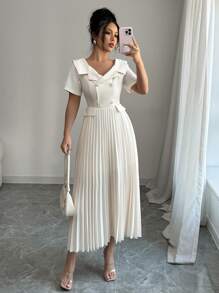 Elenzga 女士优雅通勤短袖领口荷叶边下摆口袋装饰纯色连衣裙