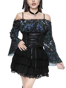 ROMWE Goth 女式太阳、月亮和花卉印花抽绳腰喇叭袖衬衫 - 彩色 - 查看 5