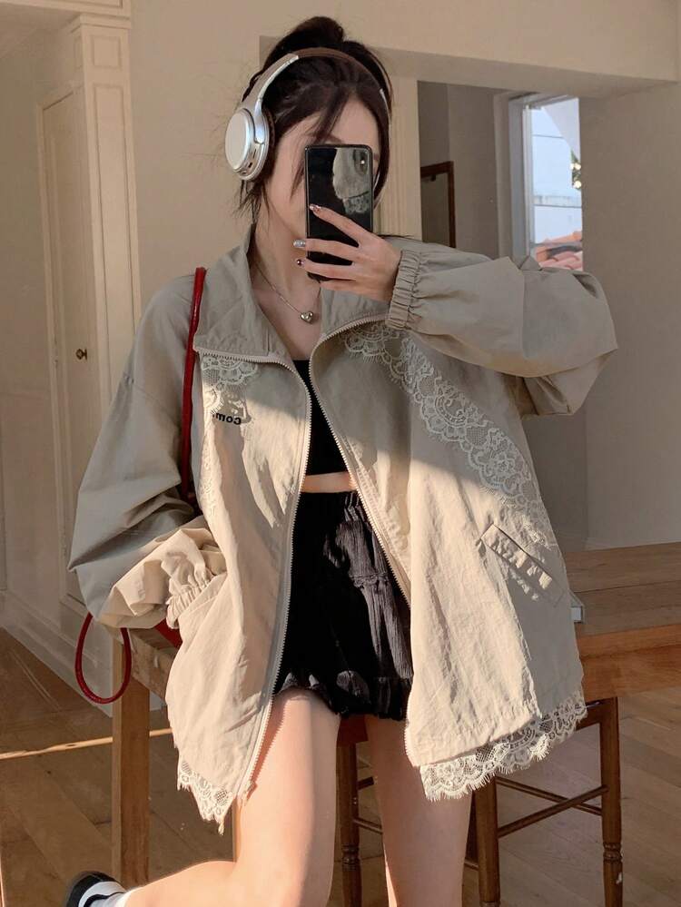 Women's Lace Patchwork Letter Print Loose Long Sleeve Jacket,Fall Clothes