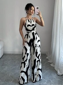 Elenzga Women's Print Fabric Ruched Jumpsuit With Halter Neck, Elegant For Holiday And Everyday Wear