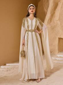 Al Najma 奢华刺绣蕾丝细节优雅长袖连衣裙，修身剪裁，高端定制