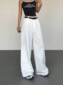 SHEIN EZwear New Spring/Summer Solid White Wide Leg Pants With Belt - White - View 6