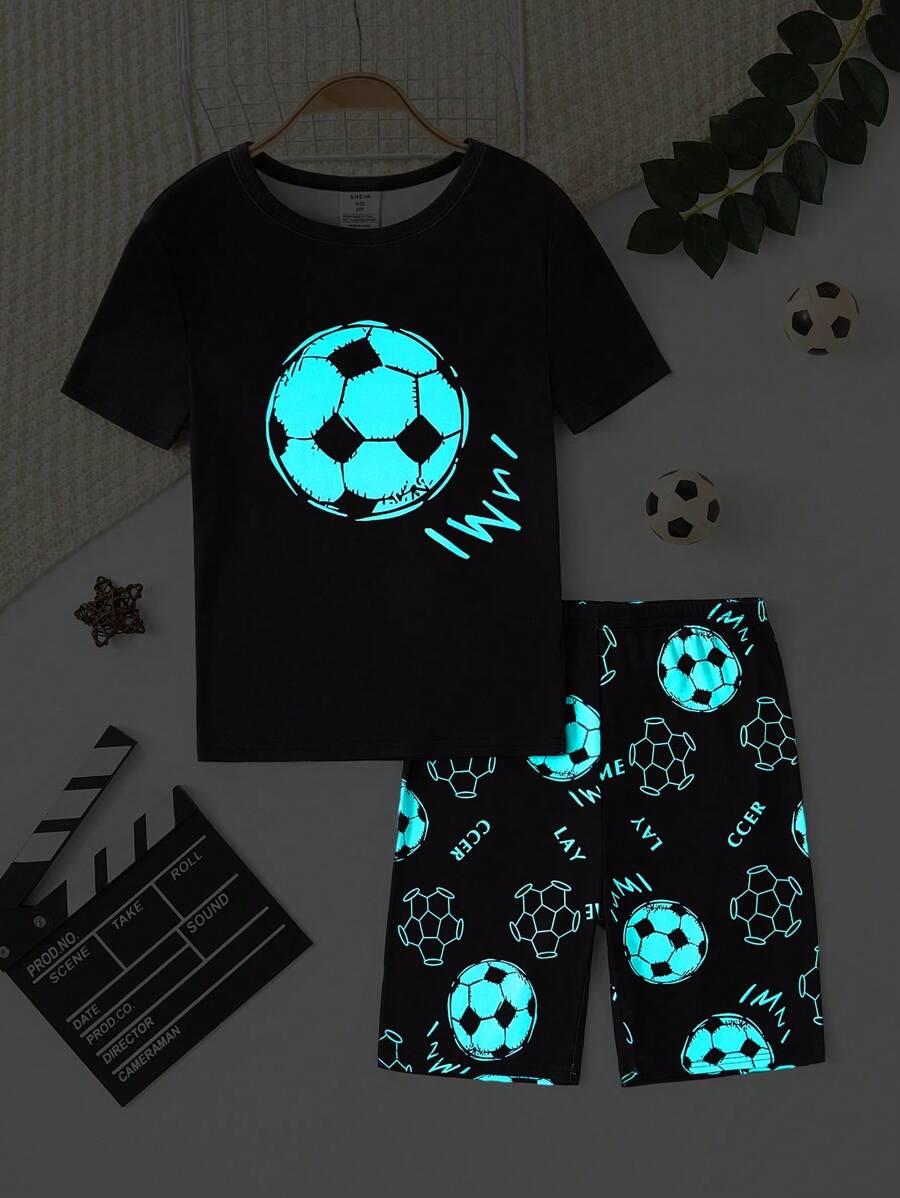 2 件套青少年男孩黑色简约足球印花短袖衬衫和短裤套装，舒适贴身家居服 - 彩色 - 查看 1