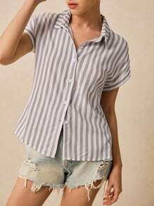 Poéselle Striped Batwing Sleeve Shirt Summer Clothes - Multicolor - View 2