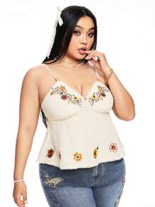 ROMWE Fairycore Retro Casual Vacation Floral Embroidery Beaded Strap Loose Hem Women Tank Top - Beige - View 6