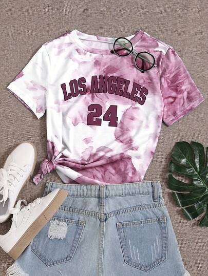 Chiquease Camiseta casual de verano para mujer de cuello redondo y manga corta con estampado gráfico de teñido anudado con letras