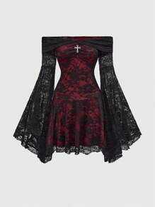 ROMWE Goth 浪漫复古哥特宫廷十字蕾丝露肩连衣裙