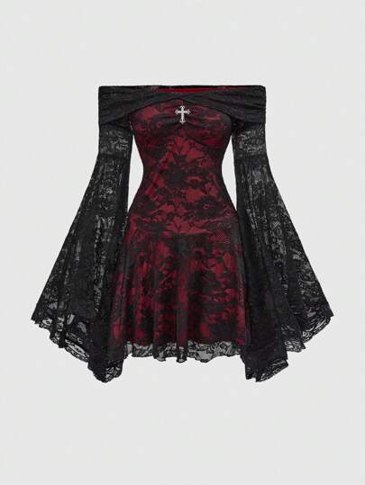 Romantic Vintage Gothic Palace Cross Lace Off-Shoulder Dress