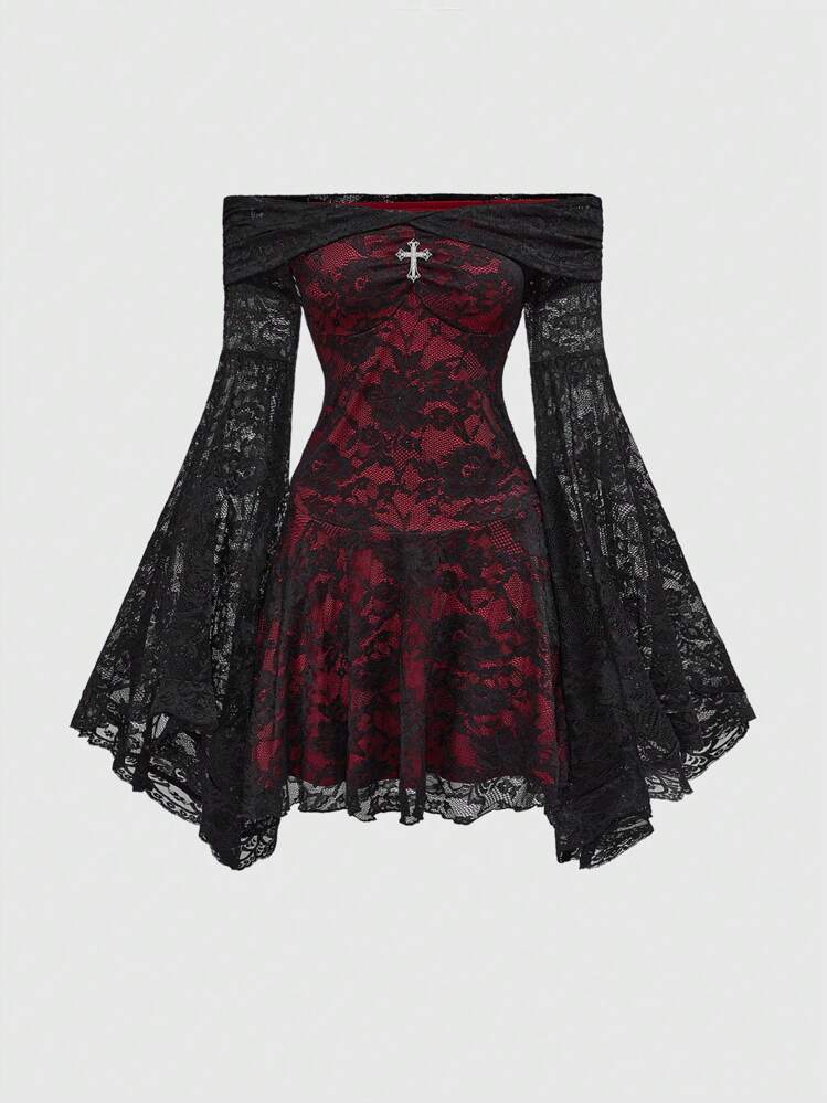 Romantic Vintage Gothic Palace Cross Lace Off-Shoulder Dress - Multicolor - View 1