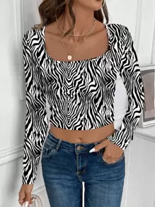 SHEIN LUNE Women's Black & White Zebra Stripe Ruched Long Sleeve T-Shirt, Suitable For Summer - Black and White - View 3