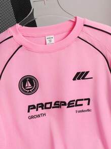 SHEIN Leap Crew 1pc Tween Boy Comfortable Daily Versatile Loose Fit Japanese And Korean Style Minimalist Fashion Racing Style Casual Pink Round Neck Short Sleeved Top T-Shirt, Suitable For Spring And Summer Seasons, Daily Life, Sports, Campus, Gatherings, Festivals, Performances, Photography, Back To School Season