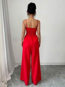 Rafferiza Red Spaghetti Strap Wide Leg Women's Jumpsuit With Waist Tie And Back Zipper - Red - View 2