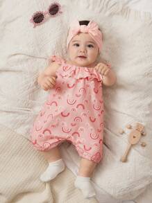 Cozy Pixies Newborn Baby Girls Rainbow Pattern Square Neck Ruffle Hem Sleeveless Romper - Pink - View 1