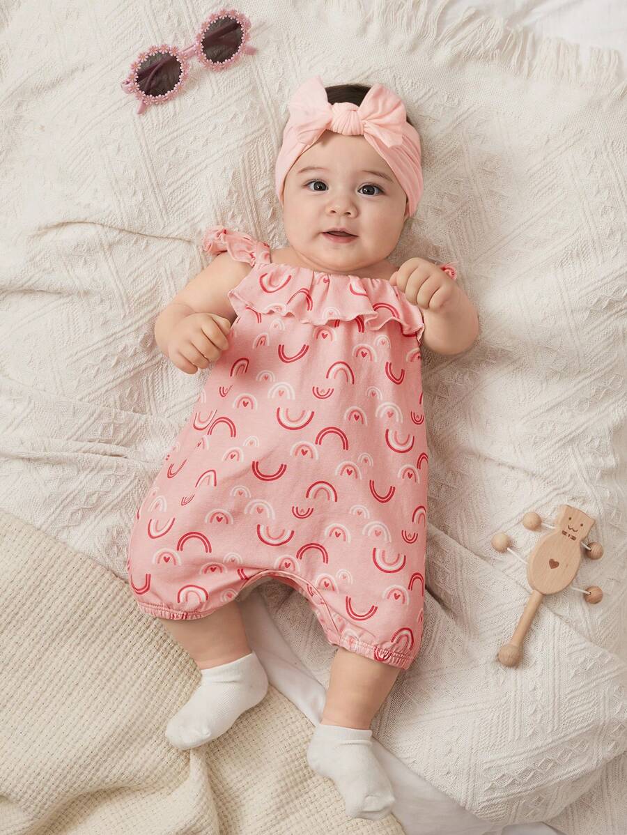 Cozy Pixies Newborn Baby Girls Rainbow Pattern Square Neck Ruffle Hem Sleeveless Romper - Pink - View 1