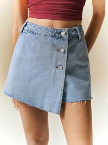 Poéselle Women's Casual Asymmetric Hem Wrap-Style Pre-Washed Front Button Denim Shorts