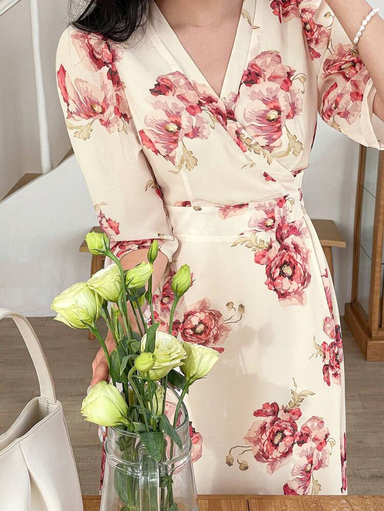 Elegant & Ladylike Big Flower Chiffon Dress For Women Floral Vacation Outfits Women Boho