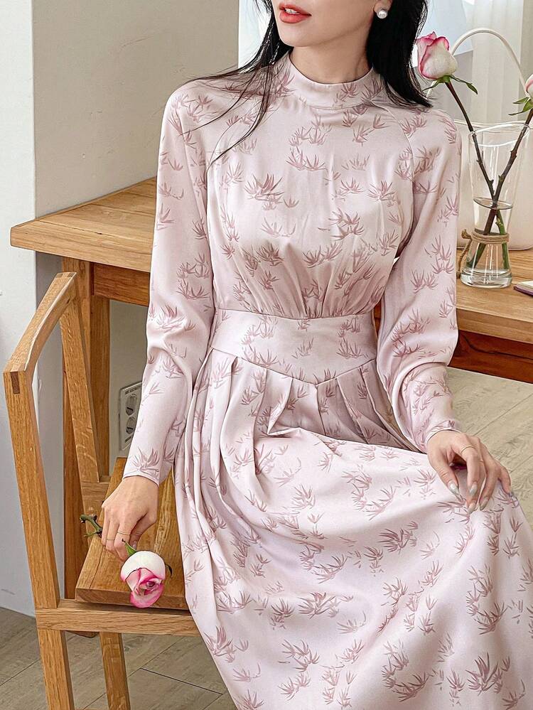 Elegant High Neck Waisted Long Lady-Like Dress,Fall Dress Long Sleeve Dress Prom Dress Maxi Dress