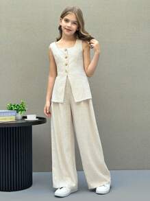 SHEIN Nova Glow 少女休闲街头风纯色V领无袖上衣和直筒裤套装毕业装 - 杏色 - 查看 3