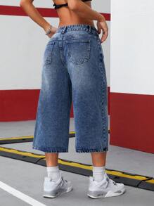 SHEIN ICON Women's Mid-Rise Distressed Stripe Capri Jeans - Dark Wash - View 2