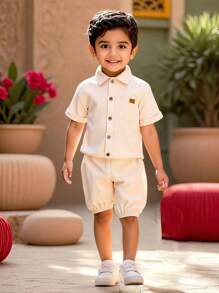 SHEIN 2 件套年轻男孩休闲纹理面料衬衫和短裤套装，2 件套服装适合学校、花园、海滩、生日、春季、夏季、秋季、冬季 - 杏色 - 查看 1
