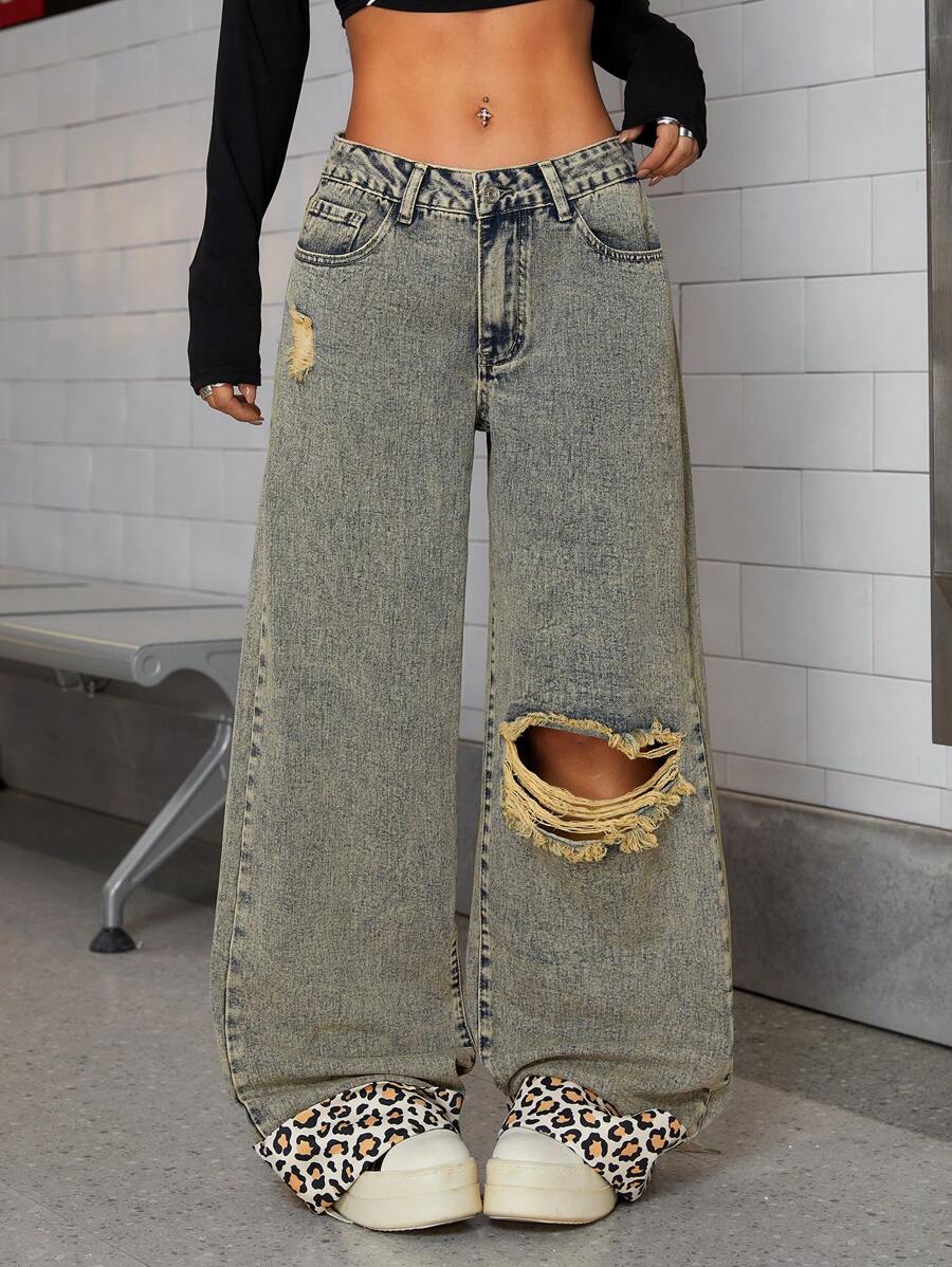 SHEIN ICON Jeans de mujer con estampado de leopardo, puños retro y efecto desgastado - Azul lavado medio - Ver 1
