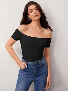 SHEIN BASICS Casual Commuting Off Shoulder Solid Tee