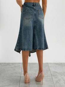SHEIN Cottnline WOMAN HIGH RISE MIDI RUFFLE SPLIT HEM DENIM SKIRT - Medium Wash - View 2