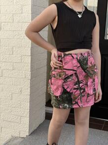 Falda vaquera de niña con estampado de camuflaje de rama de árbol, cintura elástica con cierre de cremallera, mini falda vaquera desgastada para un estilo casual callejero universitario - Rosa - Ver 3