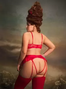 5 件套复古优雅宫廷风格性感花卉蕾丝和缎面荷叶边大码开裆内衣套装，红色 - 紅色 - 查看 4