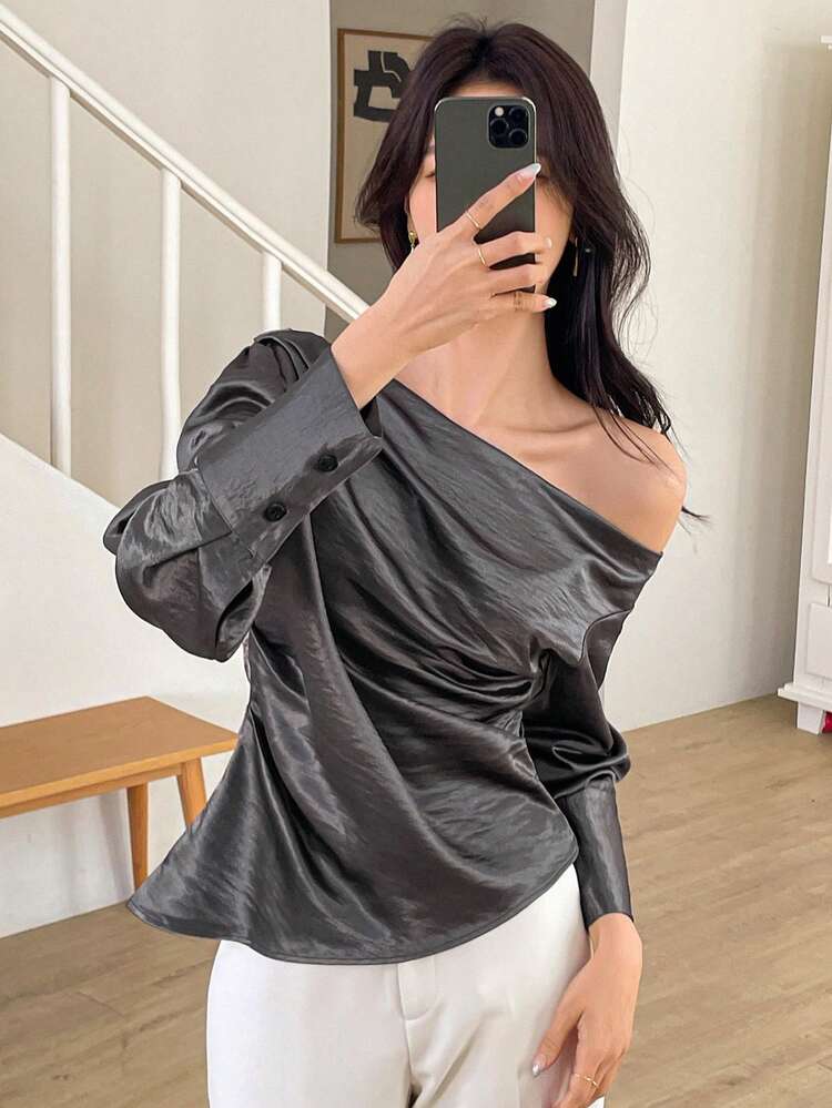 Women's Elegant Asymmetric Asymmetrical Neck Waist Blouse Long Sleeve Top Off Shoulder Top