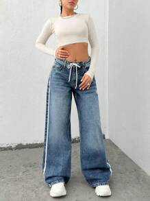 EURMUSE LOW WAIST STRIPE DETAILED WIDE LEG JEAN - Medium Wash - View 6