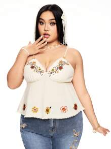 ROMWE Fairycore Retro Casual Vacation Floral Embroidery Beaded Strap Loose Hem Women Tank Top - Beige - View 12