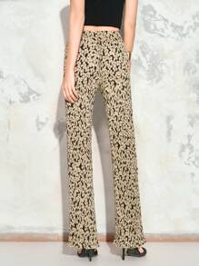 SHEIN LUNE Women's Ditsy Floral Pleated Texture Slim Flare Pants Fall Cloth For Women - Khaki - View 2