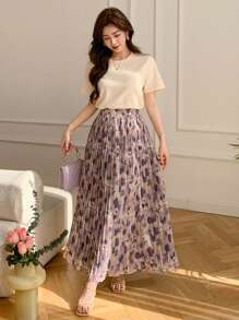 DAZY 2pcs/Set Women Floral Full Print Short Sleeve Top And Pleated Skirt