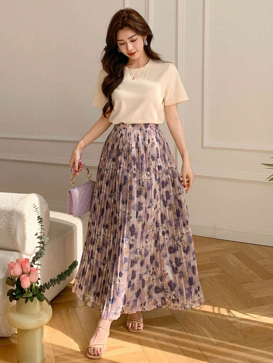 DAZY 2pcs/Set Women Floral Full Print Short Sleeve Top And Pleated Skirt