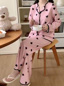 SHEIN 2 pièces Ensemble de pyjama de détente et confortable, Top à manches longues à ouverture avant avec imprimé cœur minimaliste et doux, et pantalon droit pour adolescentes