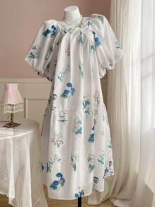 DAZY 春季新品植物印花束腰太阳裙，缪斯宽松长款海滩度假连衣裙，女士花卉图案 - 白色 - 查看 3