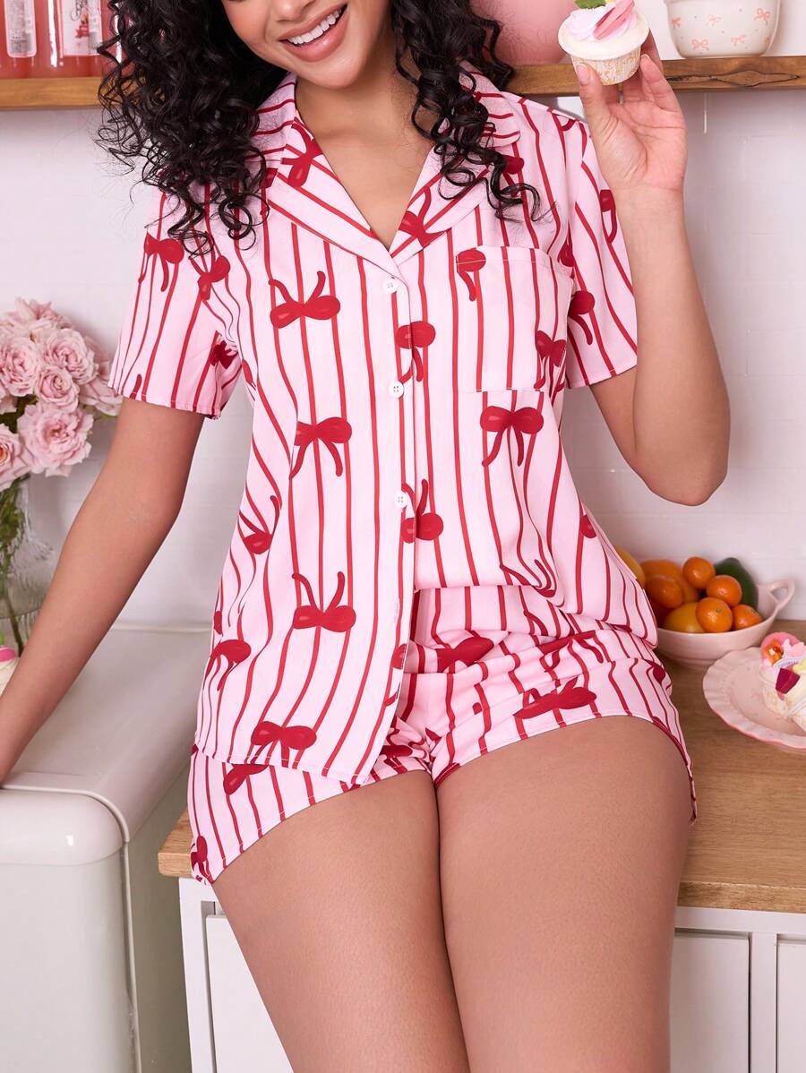 SweetSlumber 1 zestaw damski pasiasty kokardkowy dekoracyjny krótki rękaw guzik z przodu top i spodenki piżama set