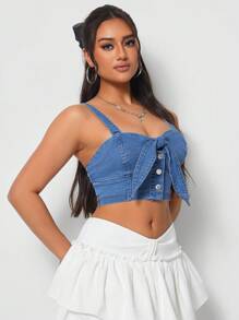 SHEIN Tall Denim Cami Top With Bowknot Detailing - Medium Wash - View 3