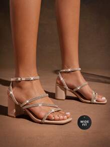 SHUZIA Women Comfortable Block Heel Wide Fit Elegant Rhinestone Nude Mother's Day Present - Beige - View 3