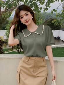 DAZY 女士仿珍珠边POLO领短袖休闲T恤 夏季复活节 - 綠色 - 查看 4