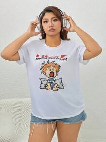 INAWLY Camiseta plus size com gola redonda, manga curta, estampa de letras e personagens, camiseta gráfica casual para uso diário, blusa feminina de verão