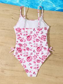 SHEIN Tween-Mädchen Einteiliger Badeanzug mit Retro-Blumendruck, süßes Rüschendesign mit Schleifendekor, verstellbarer Riemen, geeignet für Sommer, Strand, Pool, Urlaub - Verschiedenfarbig - Übersicht 2
